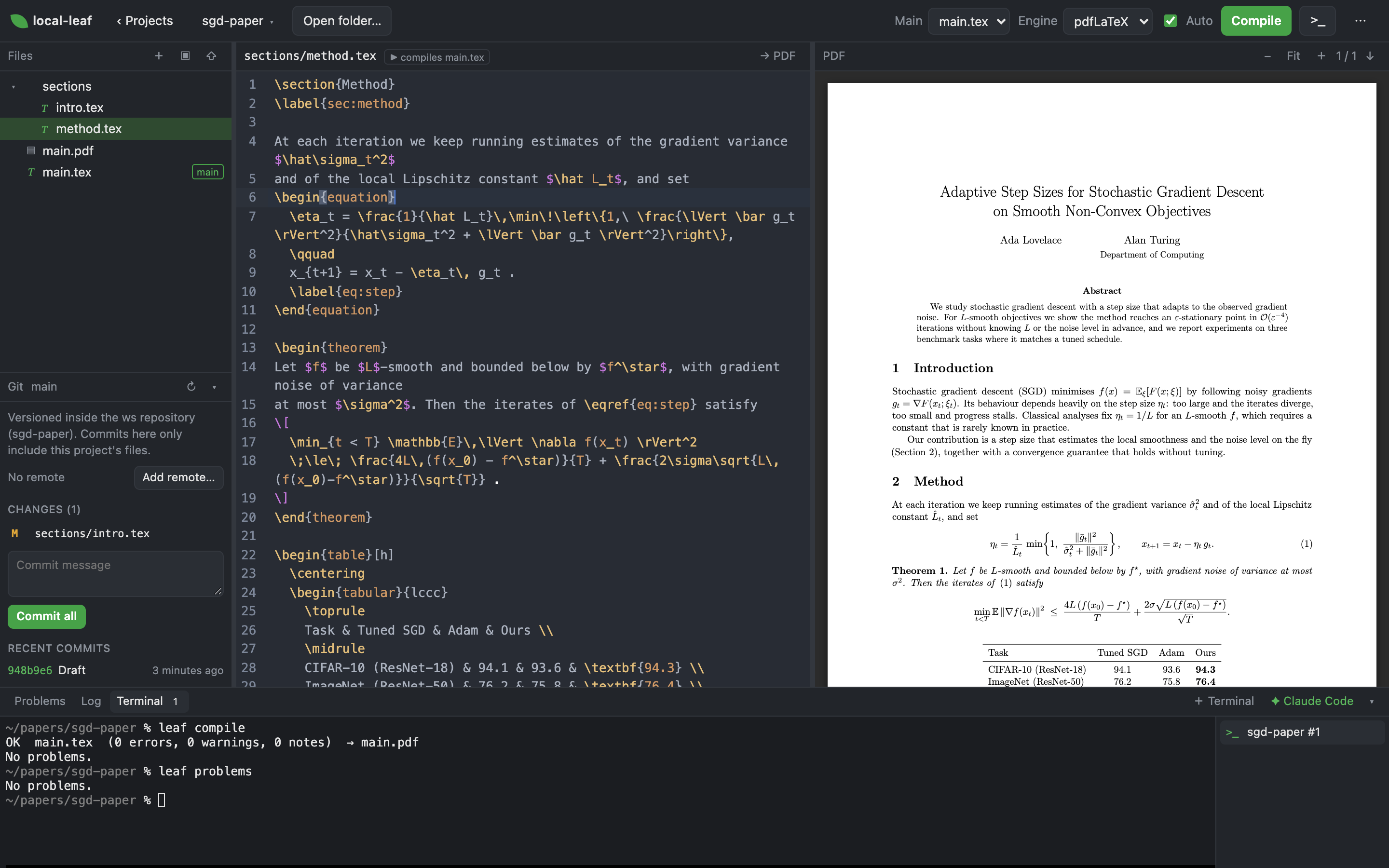 local-leaf editor: file tree and Git panel on the left, a LaTeX file in the CodeMirror editor, the compiled PDF on the right, and the integrated terminal running leaf compile